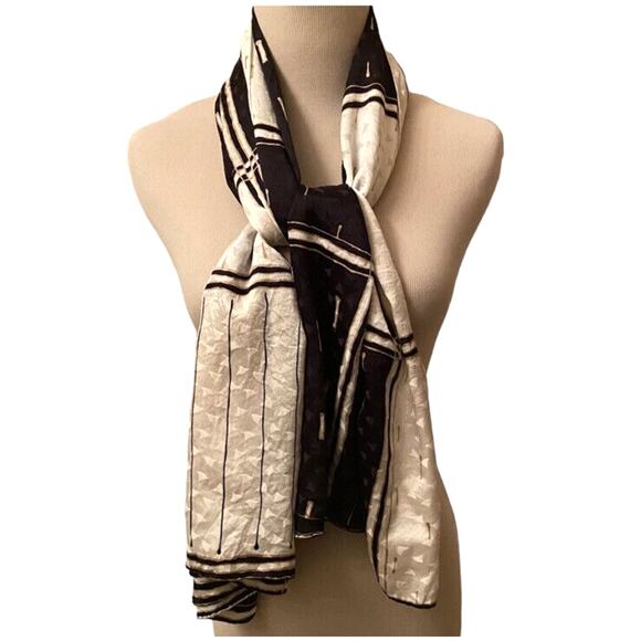 Vintage Large Silk Scarf Cream Black Gold Geometric Hand Rolled Edges 33” x 55" - Picture 1 of 9